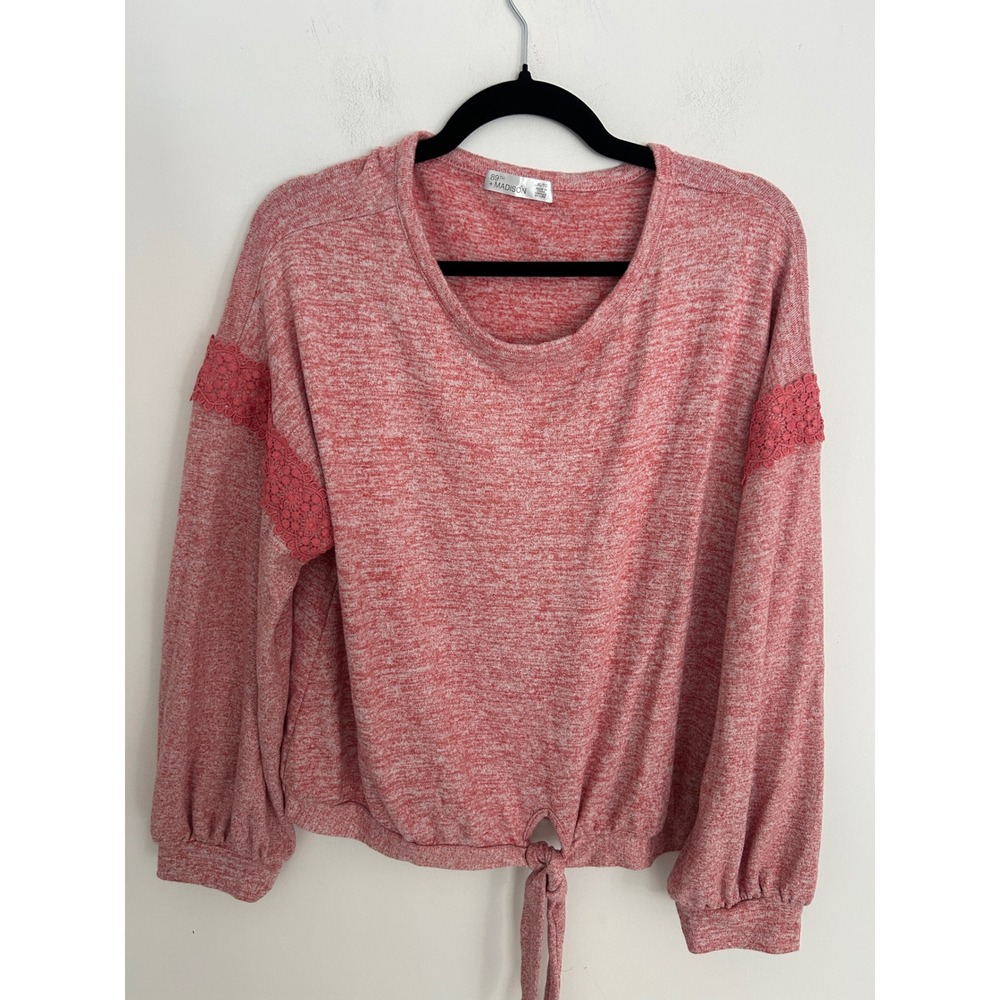89th + Madison Womens XL Coral Pink Marl Knit Tie Front Lace Sleeve Top Pullover